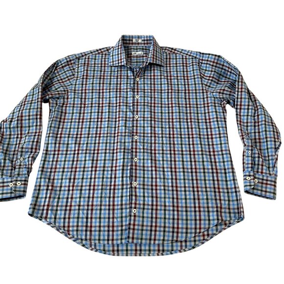 Peter Millar Long Sleeve Button Down Shirt Men's Size XL Blue & Burgundy Plaid - Picture 1 of 5